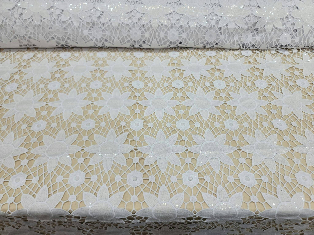 Embroidered Lace Clear Sequin White