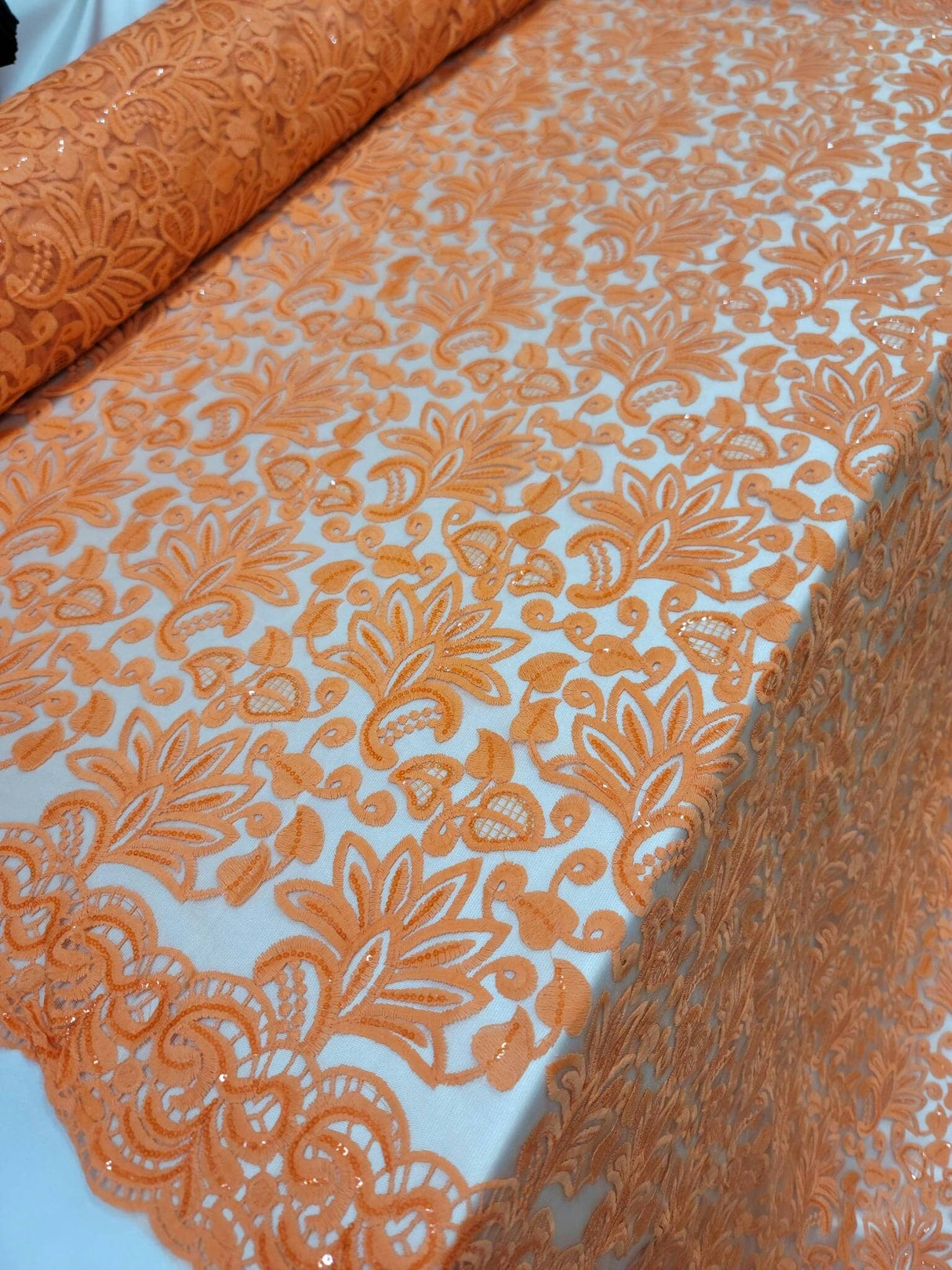 Embroidered Clear Sequin Lace Orange