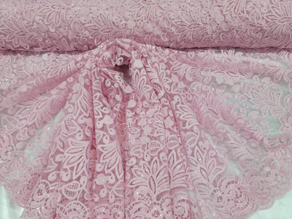 Pink Embroidery Lace Fabric with Clear Sequin