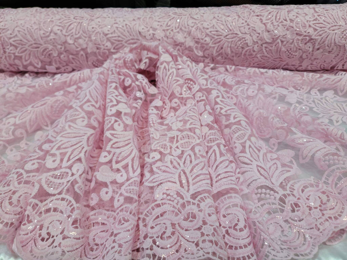 Pink Embroidery Lace Fabric with Clear Sequin
