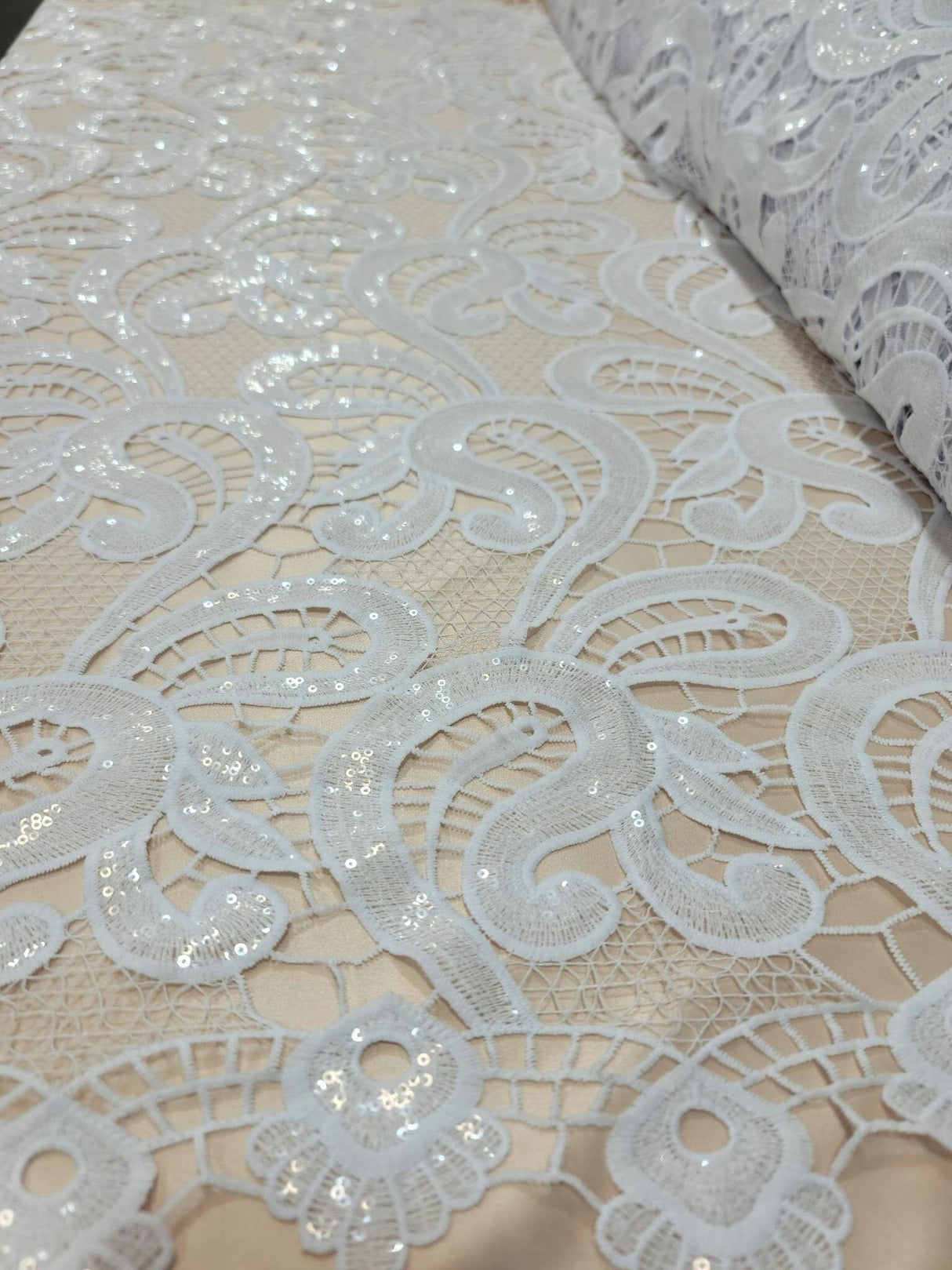 Clear Sequin Guipure Lace White