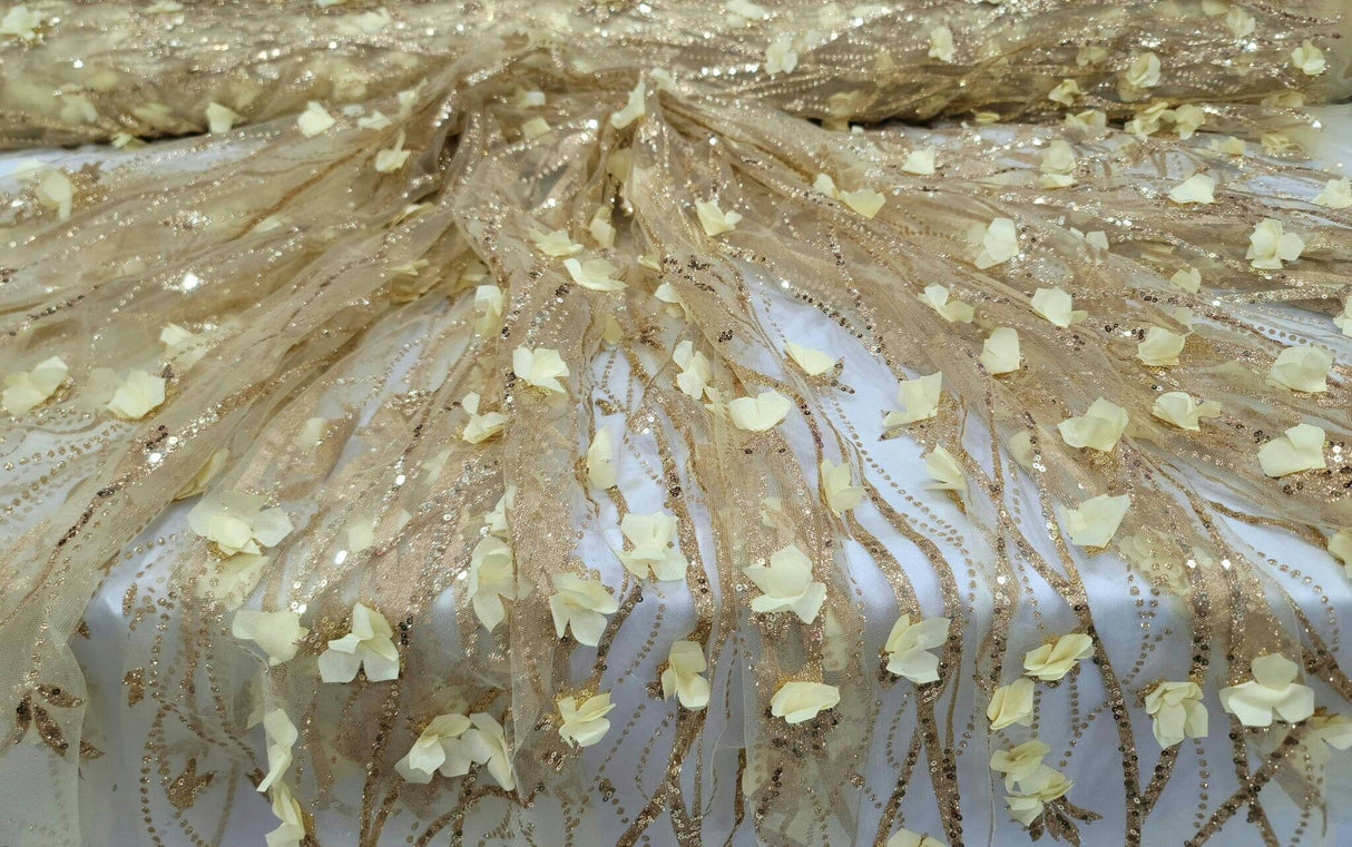 3D Sequin Lace Gold Floral Embroidered