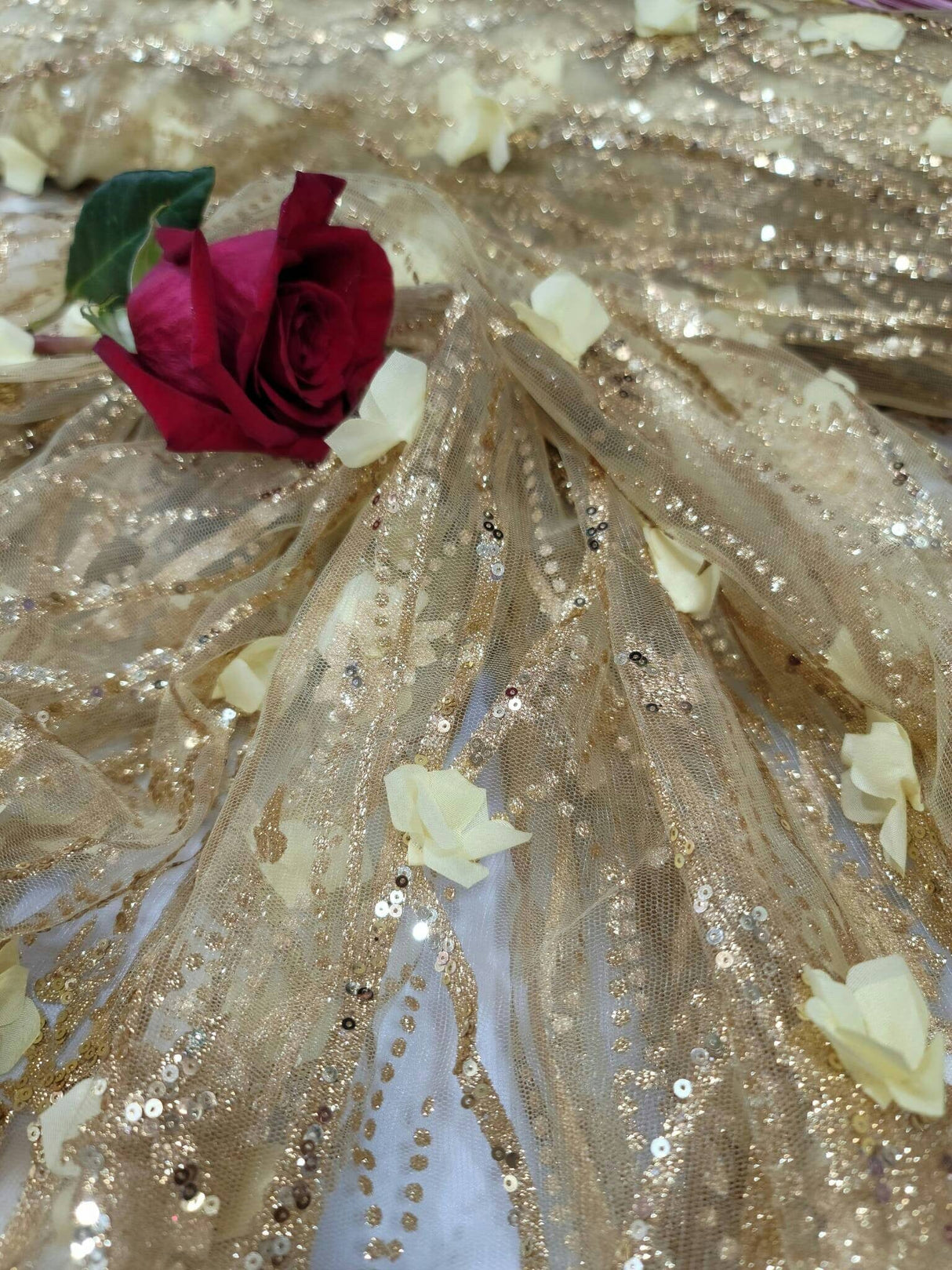 3D Sequin Lace Gold Floral Embroidered