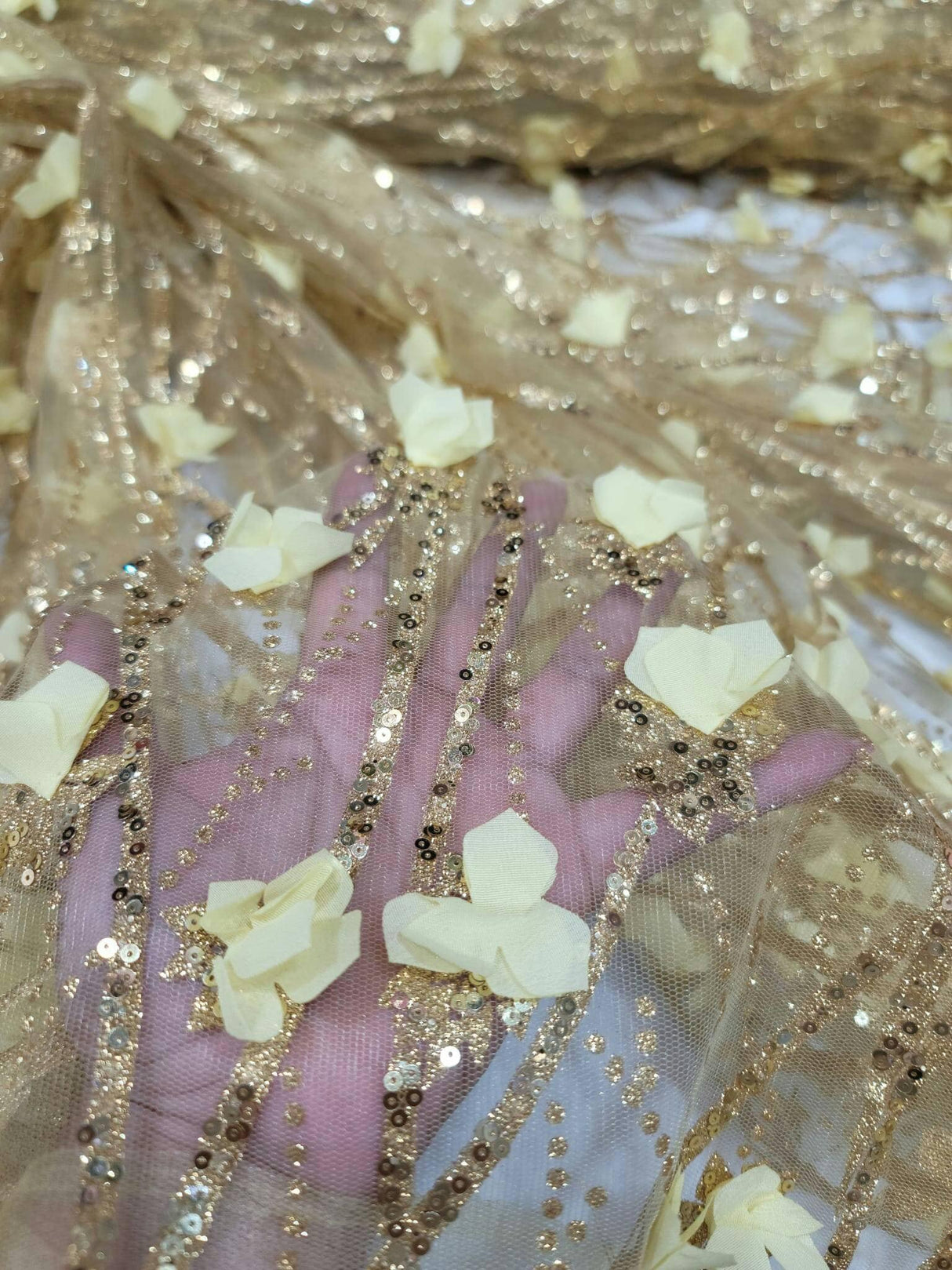 3D Sequin Lace Gold Floral Embroidered