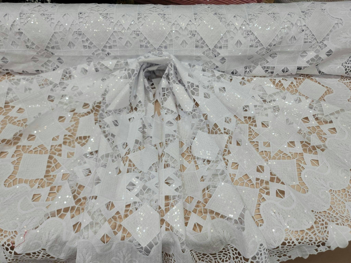 Embroidered Sequin Guipure Lace White