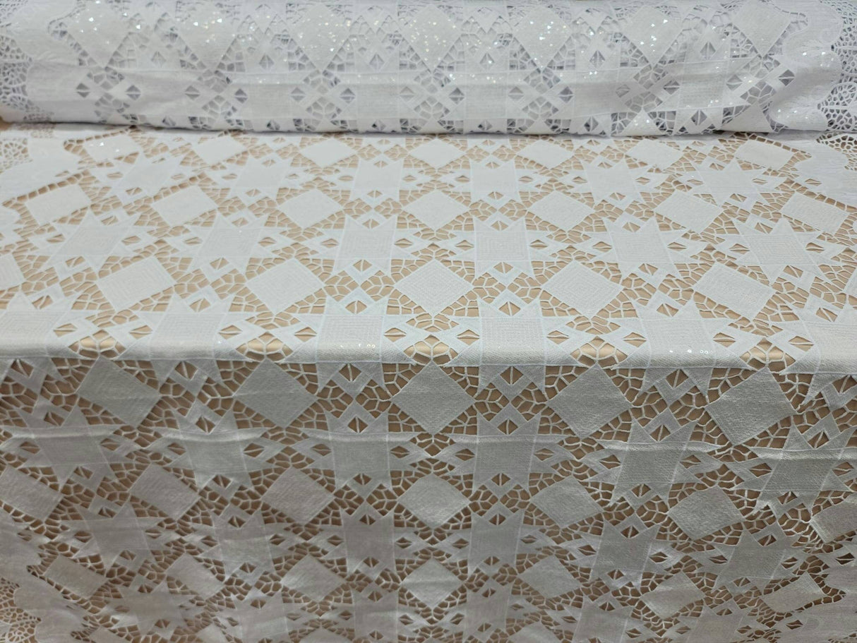 Embroidered Sequin Guipure Lace White