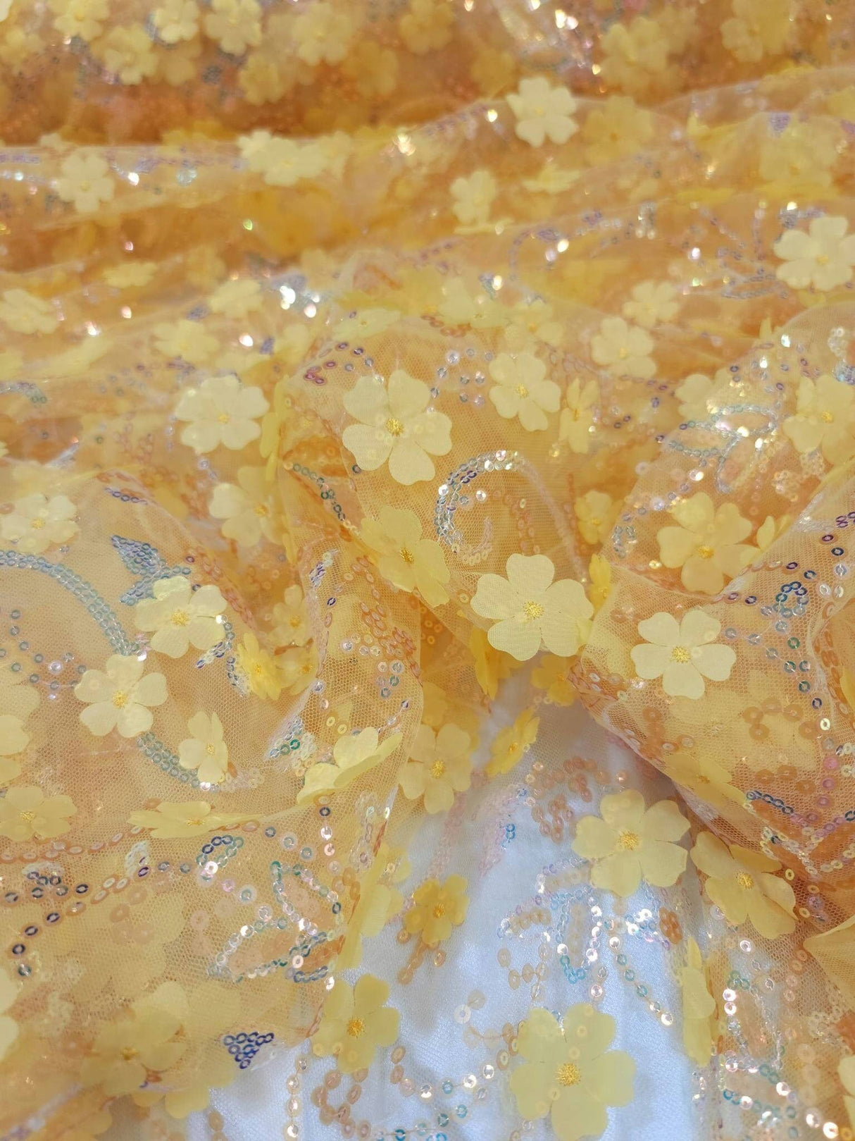 3D Floral Embroidery Lace Yellow