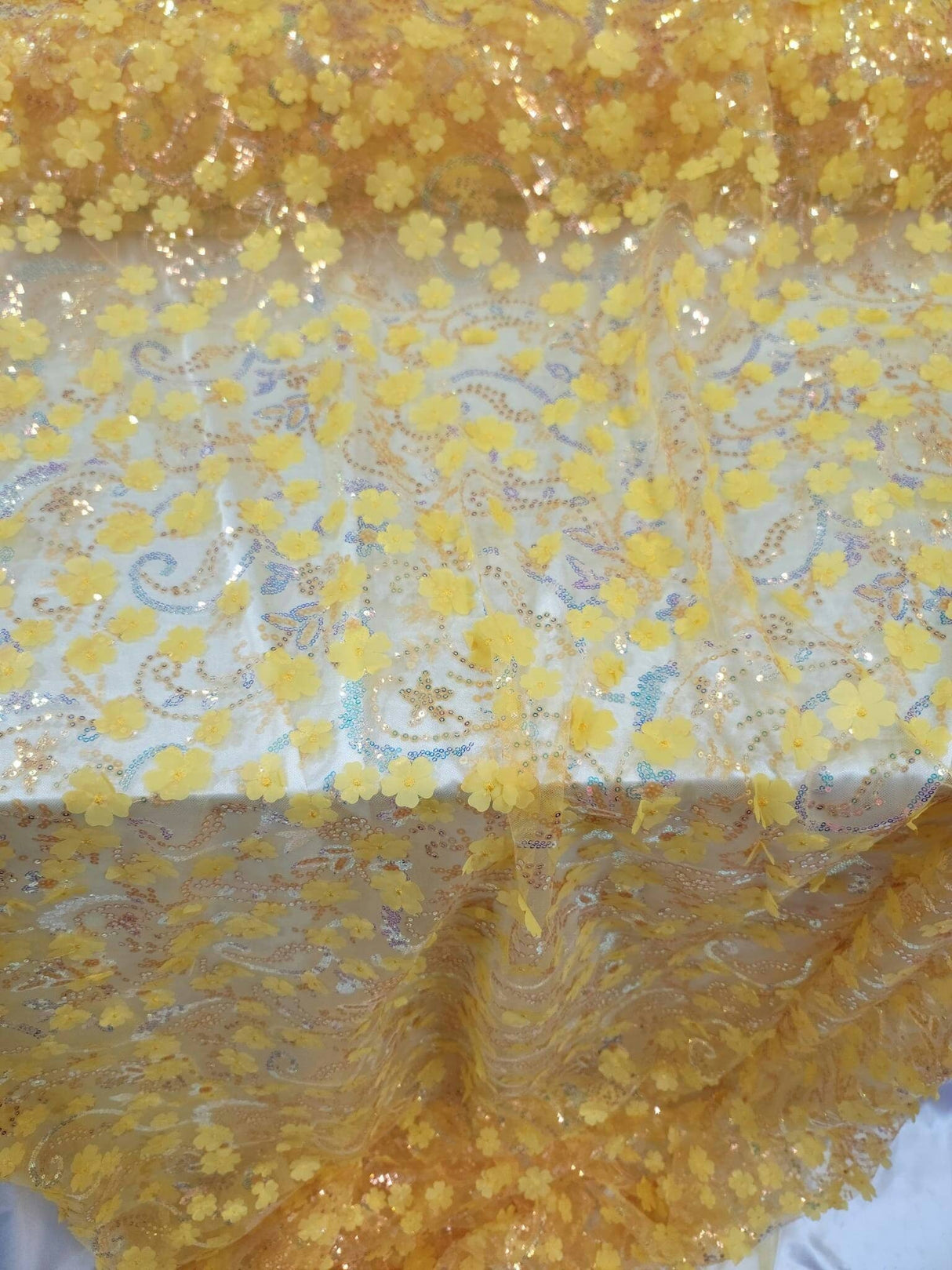 3D Floral Embroidery Lace Yellow