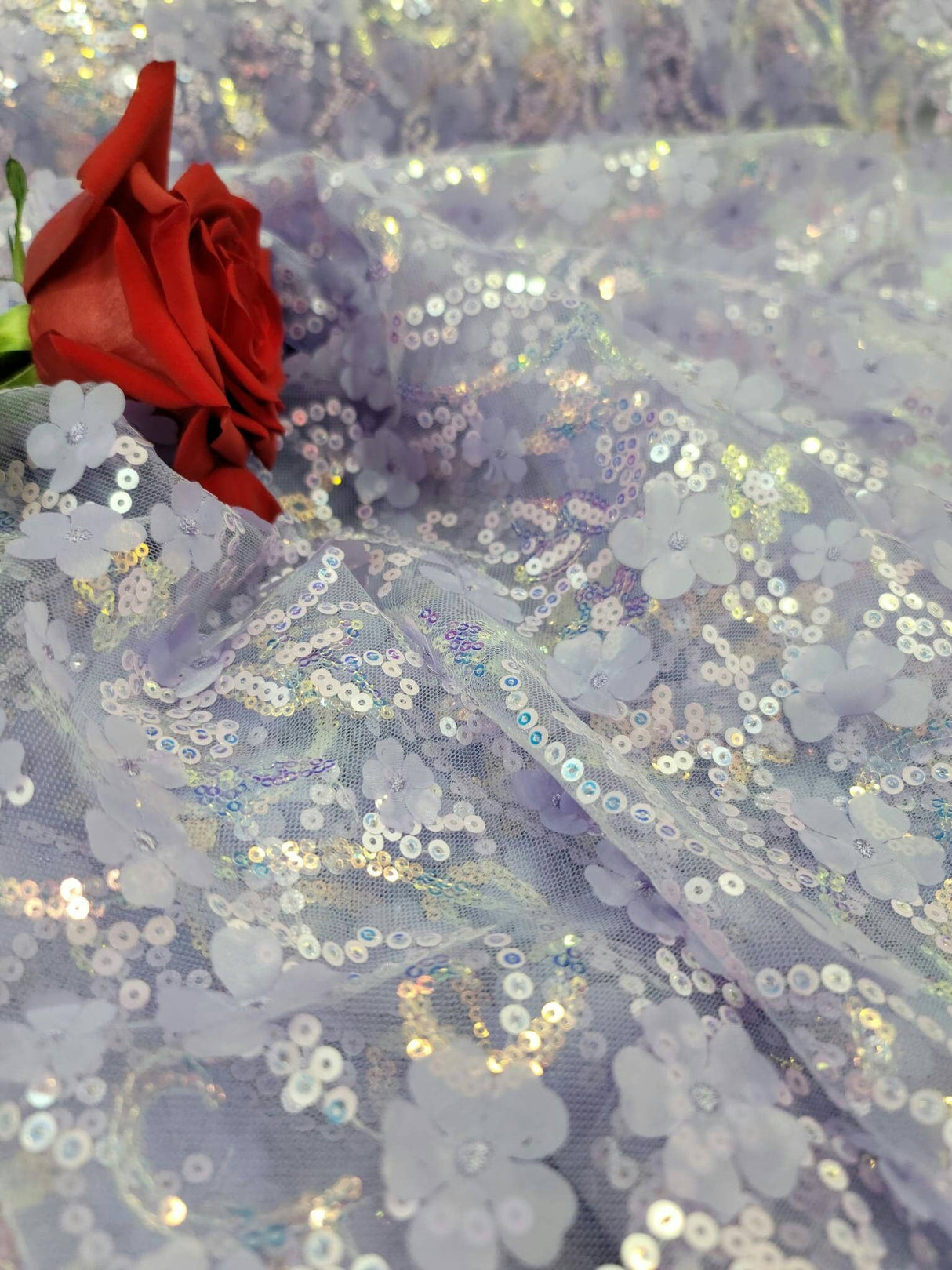 3D Floral Lace Embroidery Lavender Sequin Fabric