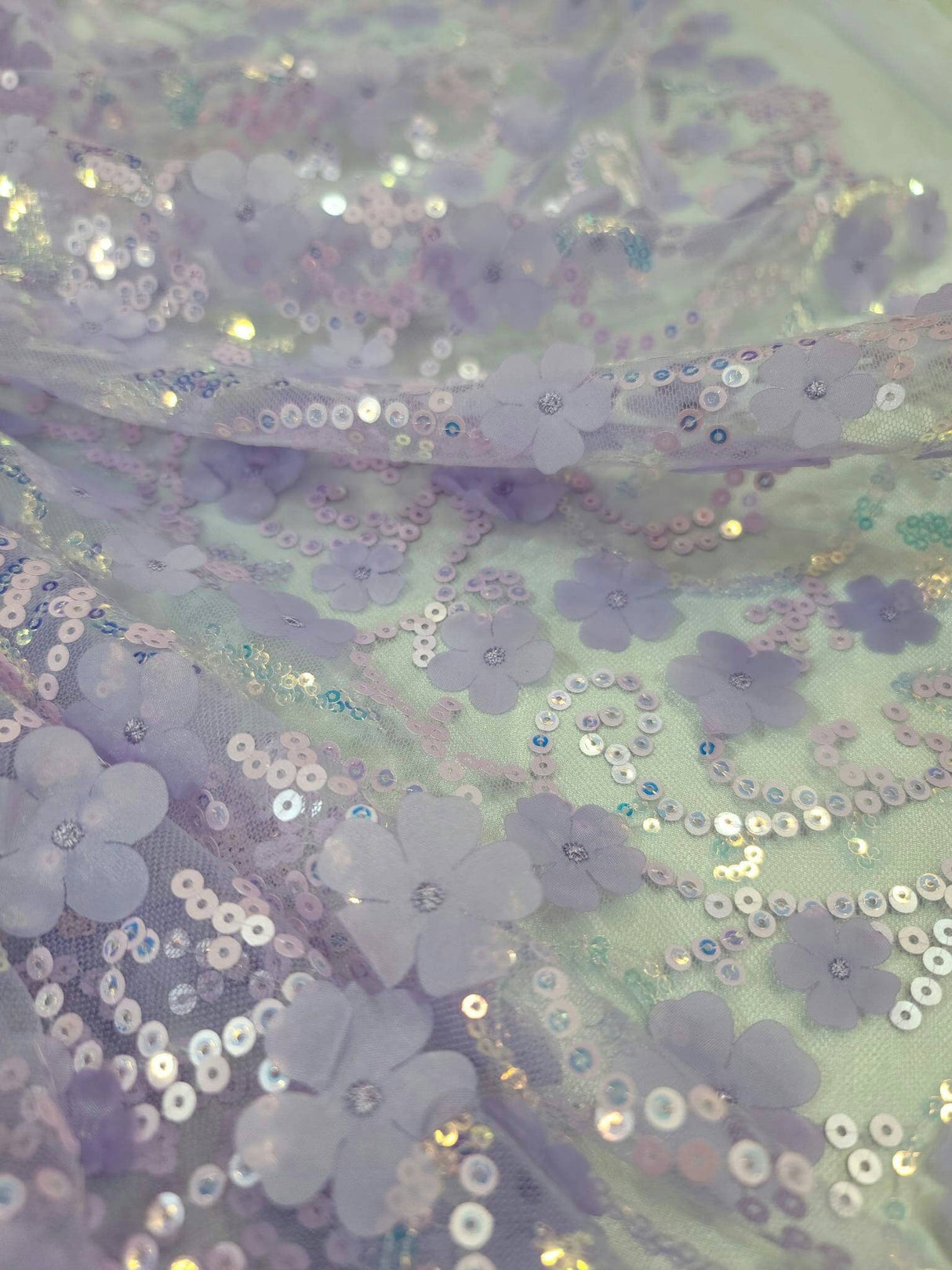 3D Floral Lace Embroidery Lavender Sequin Fabric