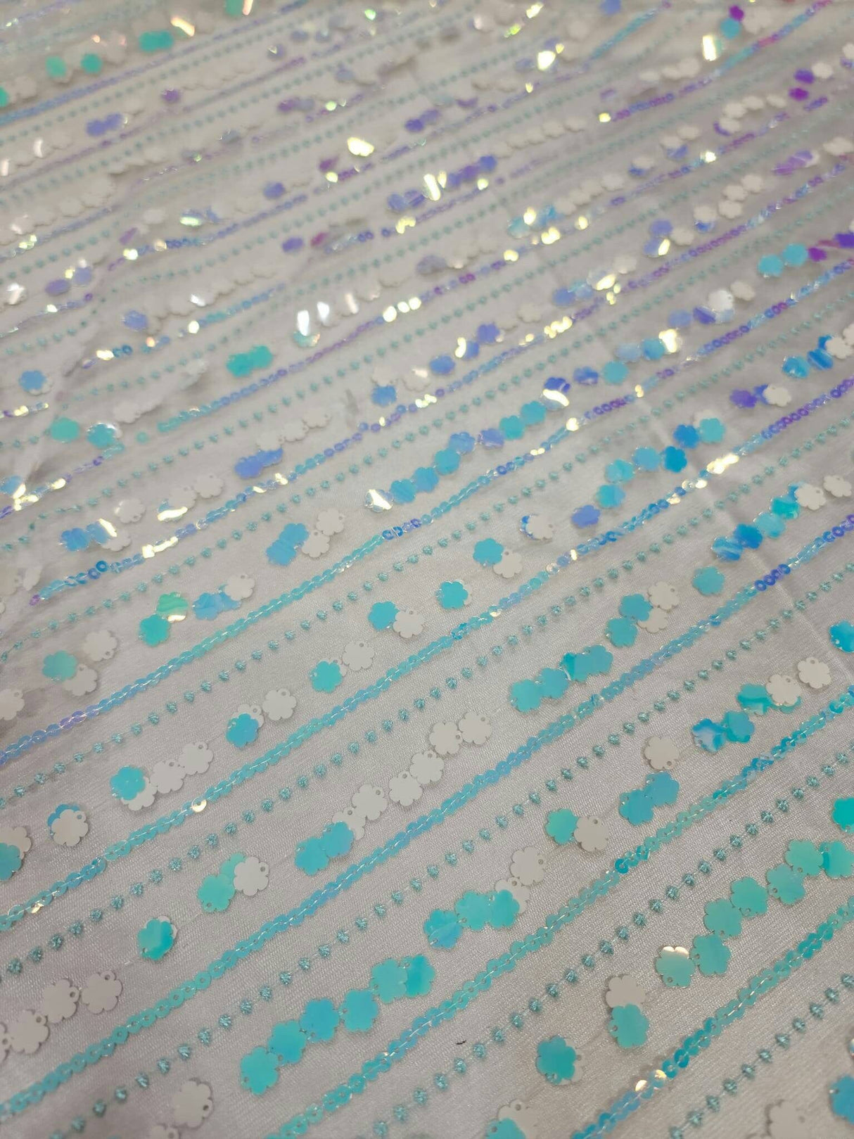 Embroidered Lace Floral Sequin Mesh White
