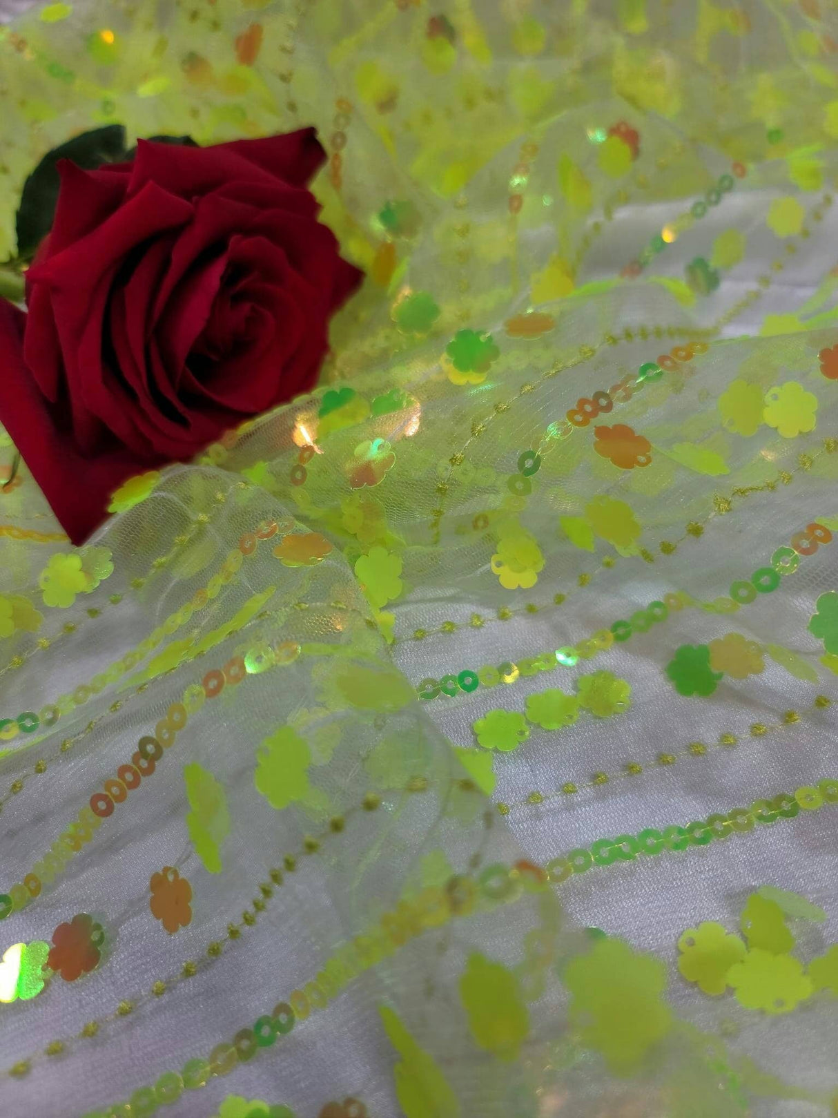 3D Sequin Iridescent Floral Mesh Fabric Neon Green