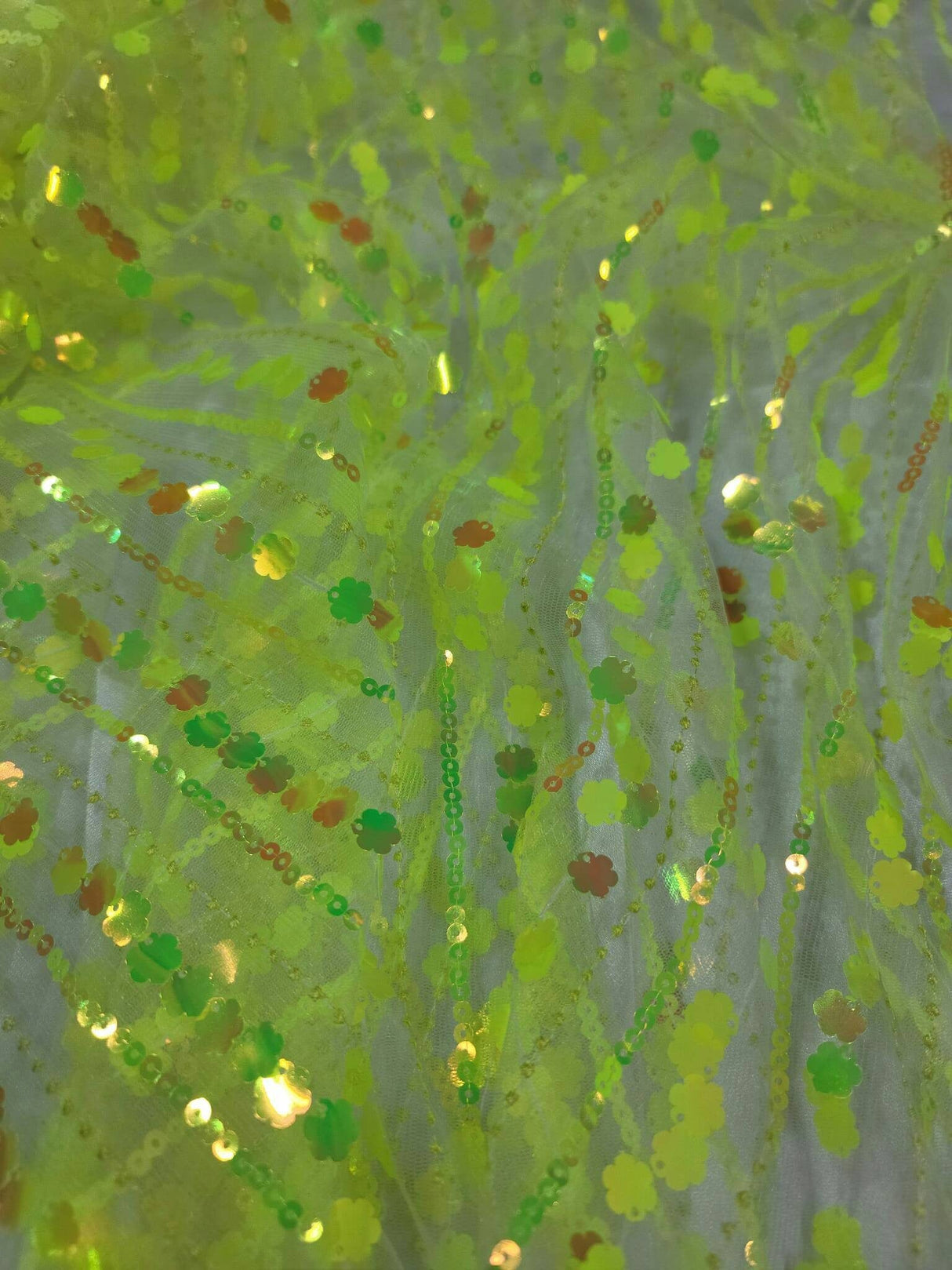 3D Sequin Iridescent Floral Mesh Fabric Neon Green