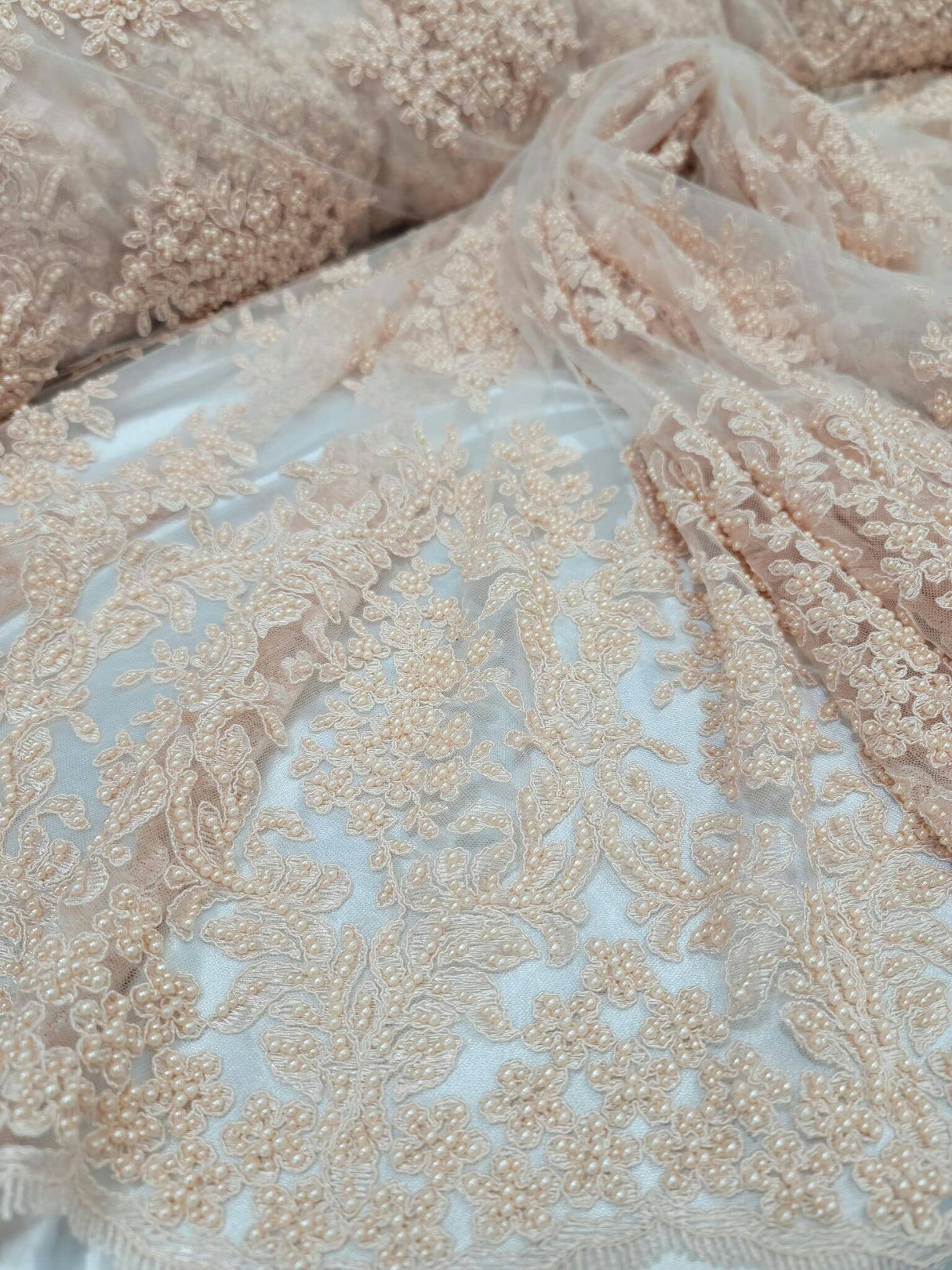 Beaded Lace Floral Embroidered Mesh Fabric Blush