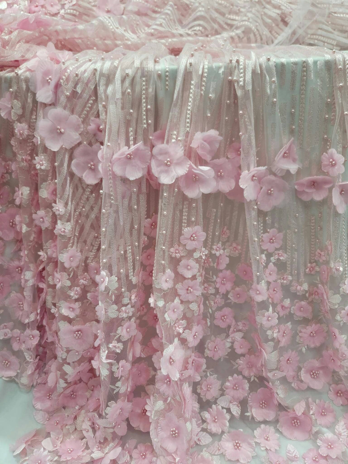 3D Floral Lace Pink Embroidered Mesh