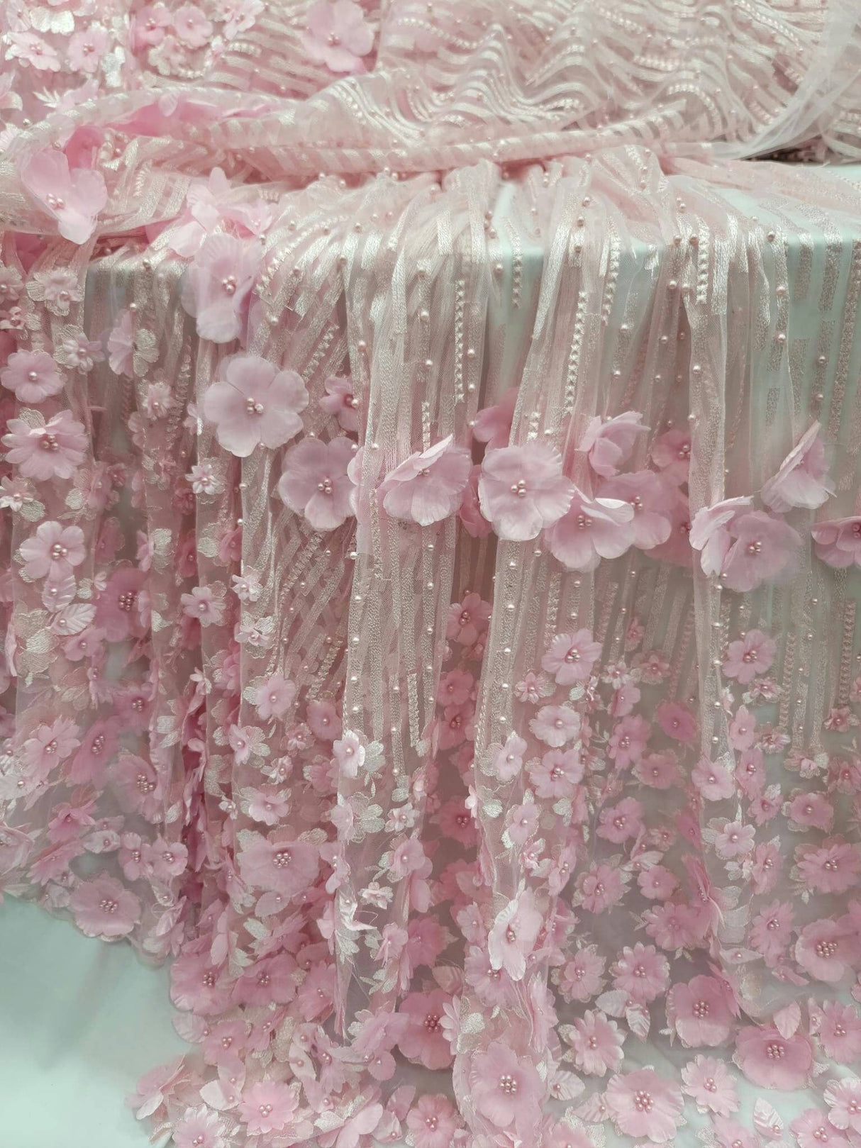 3D Floral Lace Pink Embroidered Mesh