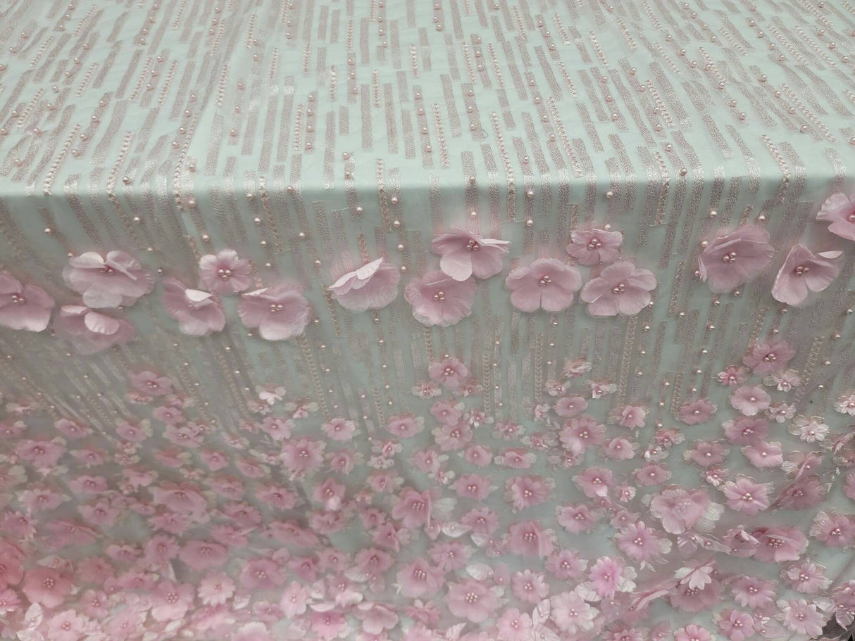 3D Floral Lace Pink Embroidered Mesh