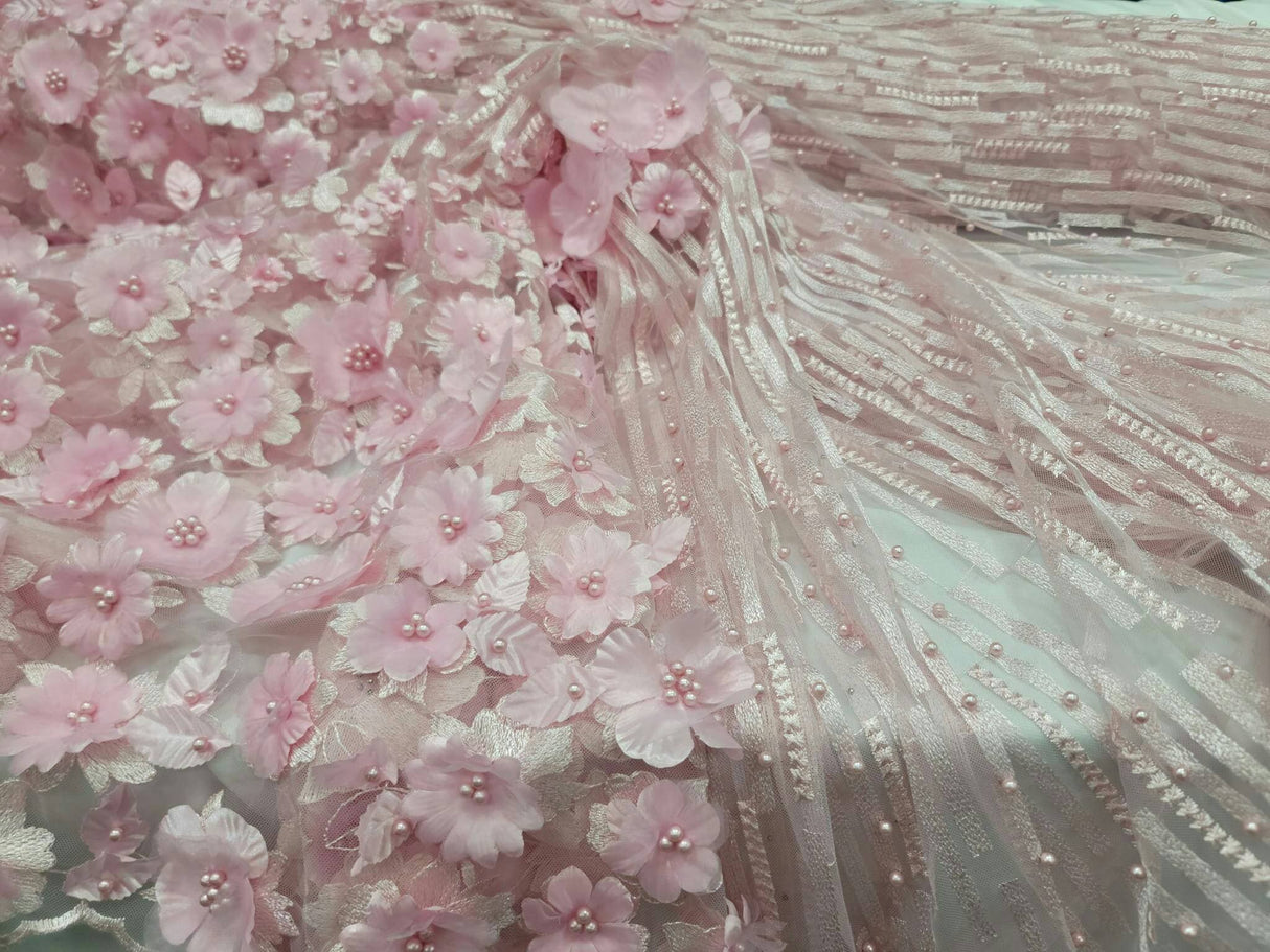 3D Floral Lace Pink Embroidered Mesh