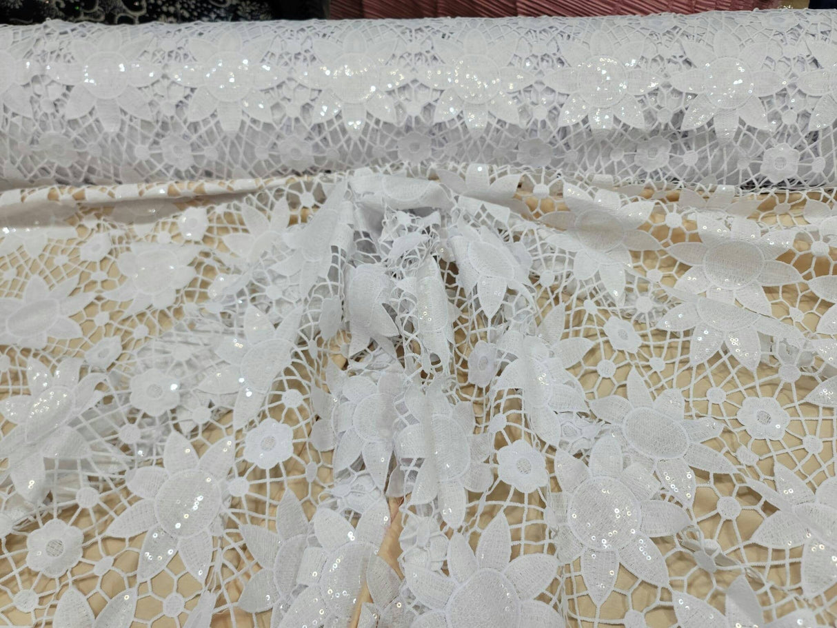 Embroidered Lace Clear Sequin White