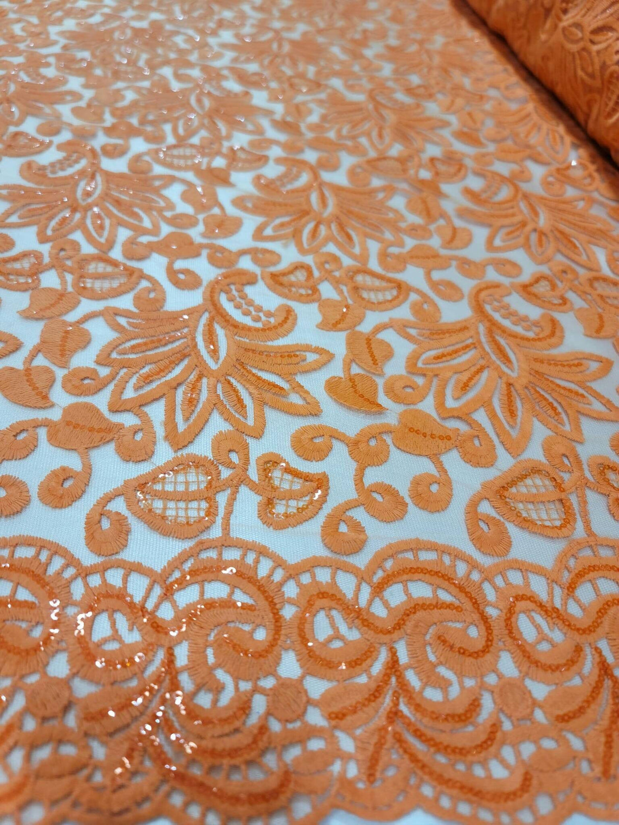 Embroidered Clear Sequin Lace Orange