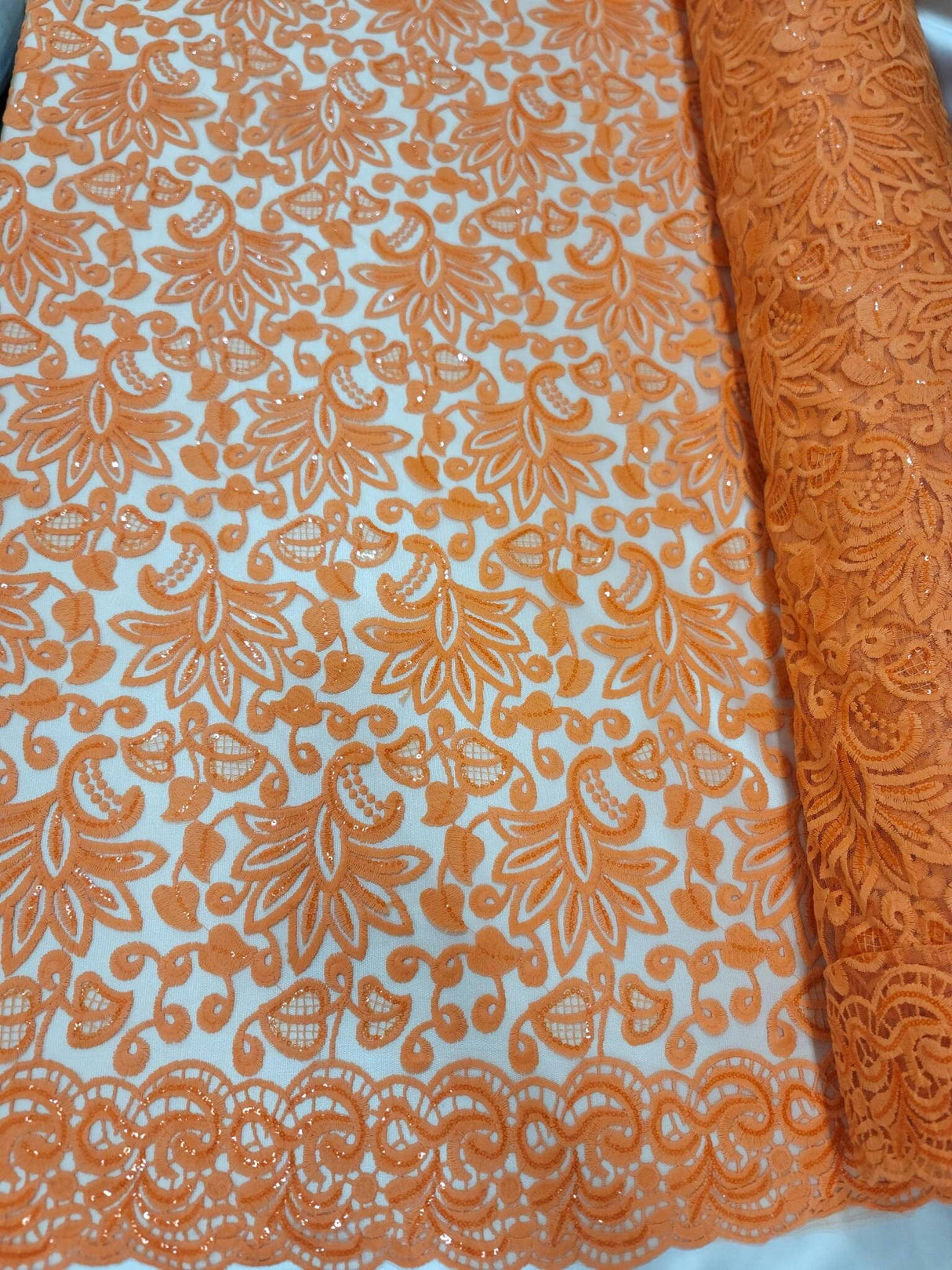 Embroidered Clear Sequin Lace Orange