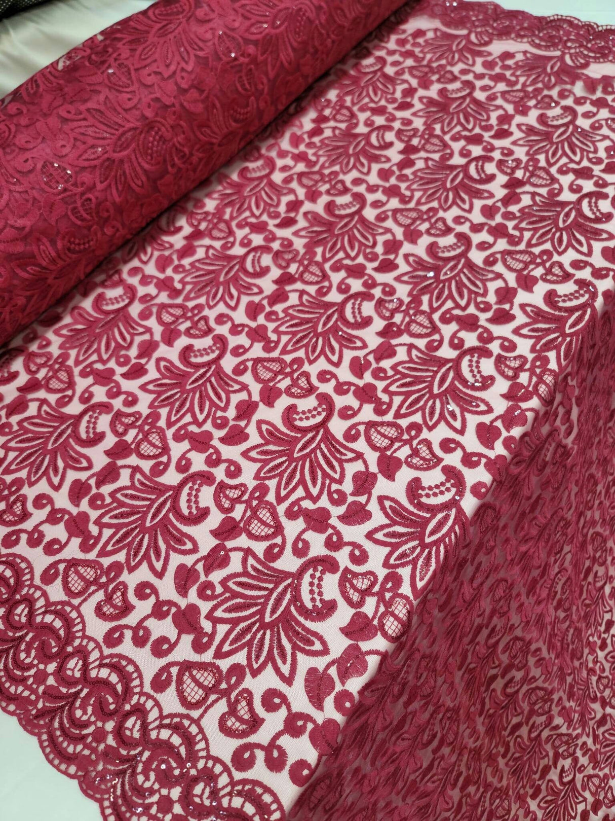 Embroidered Lace Burgundy Clear Sequin Fabric