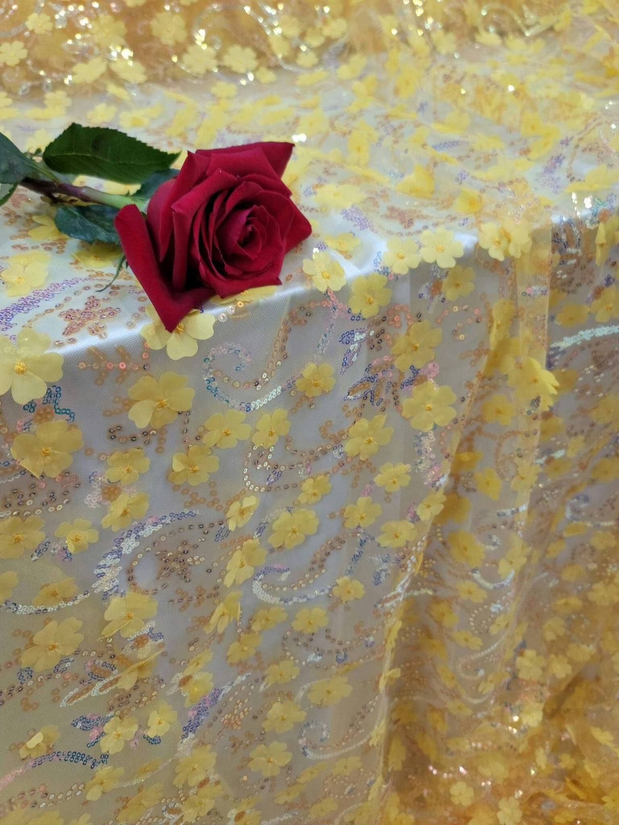 3D Floral Embroidery Lace Yellow