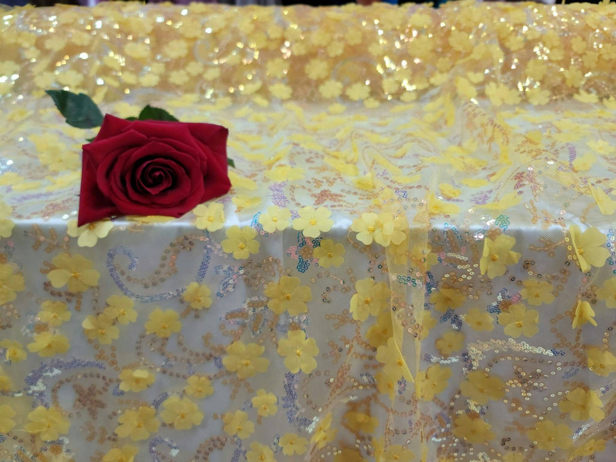 3D Floral Embroidery Lace Yellow