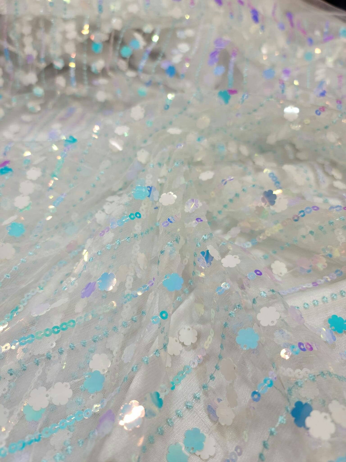 Embroidered Lace Floral Sequin Mesh White