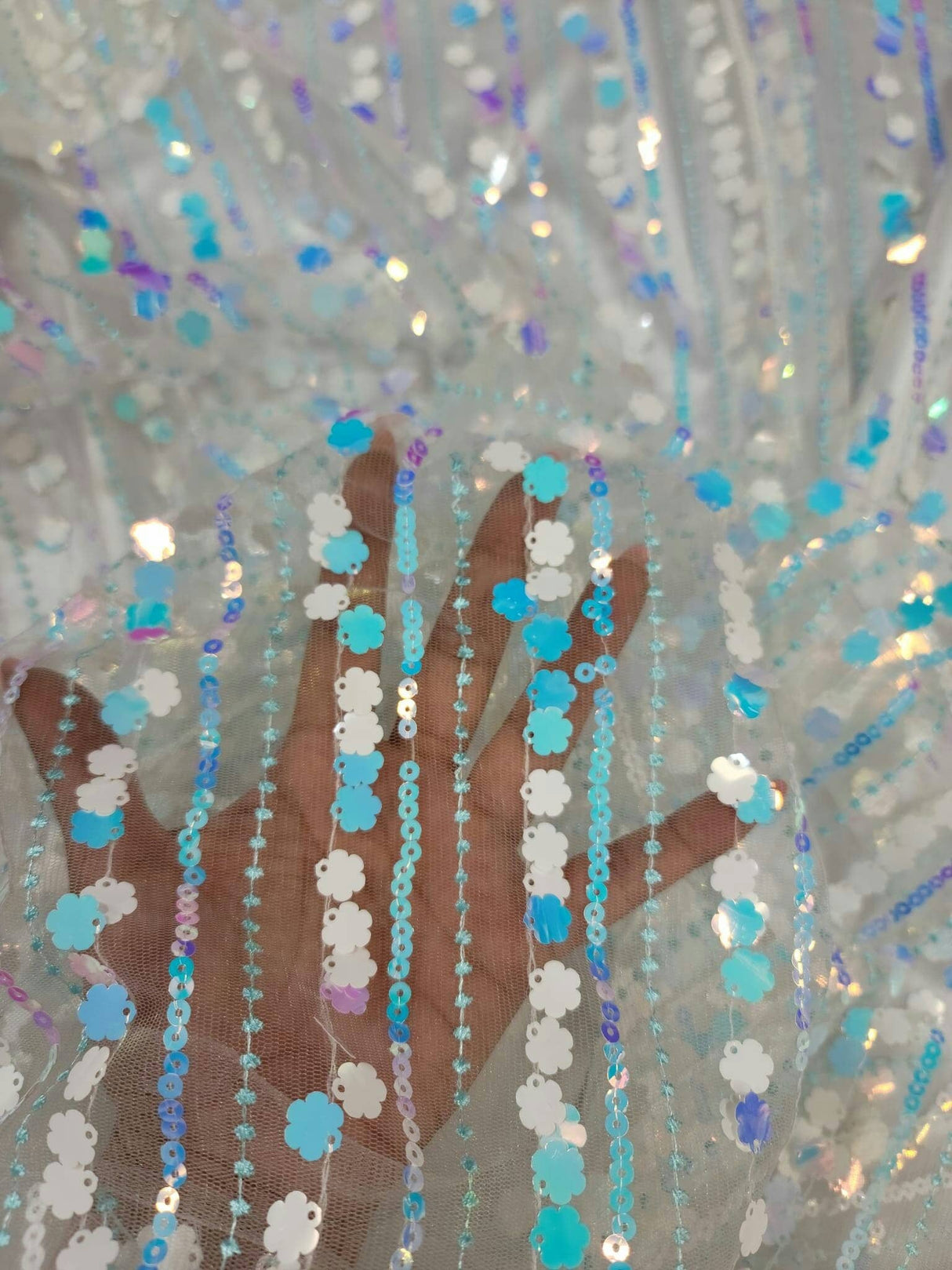 Embroidered Lace Floral Sequin Mesh White