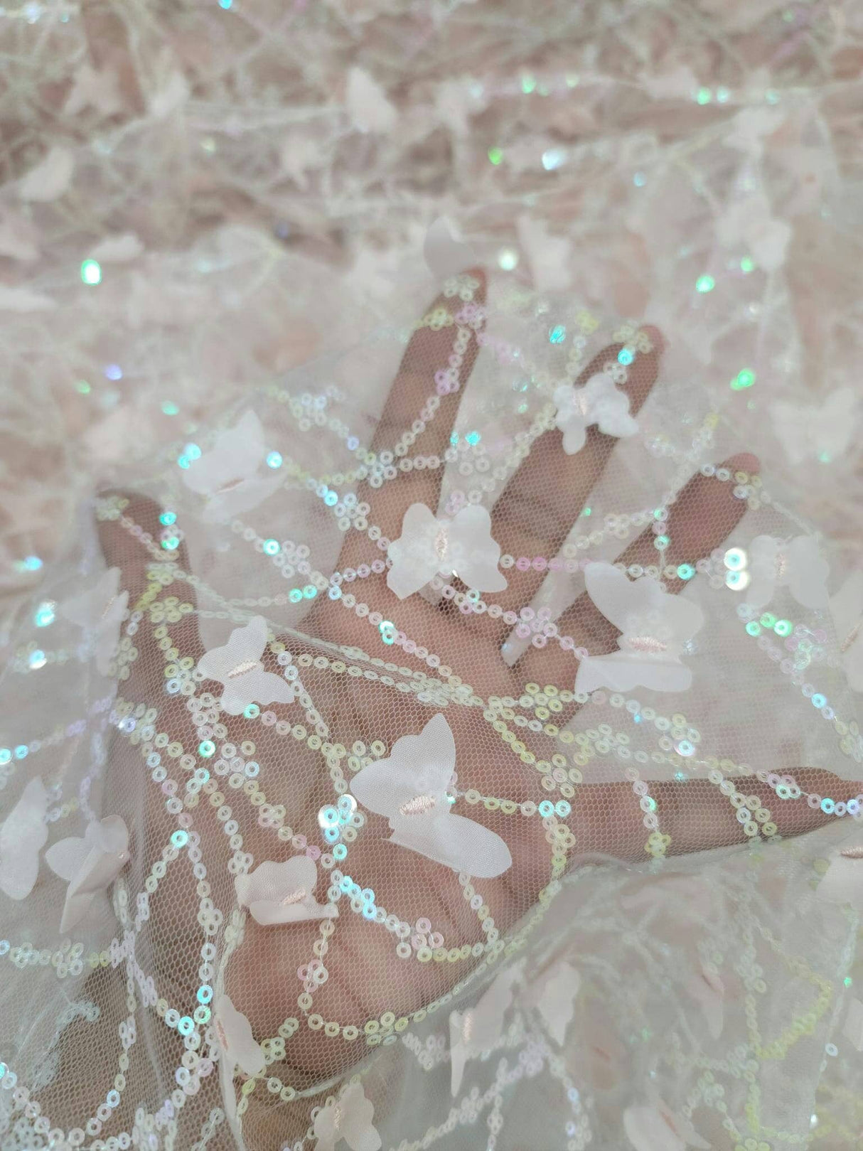 3D Butterfly Lace Mesh Fabric Light Pink