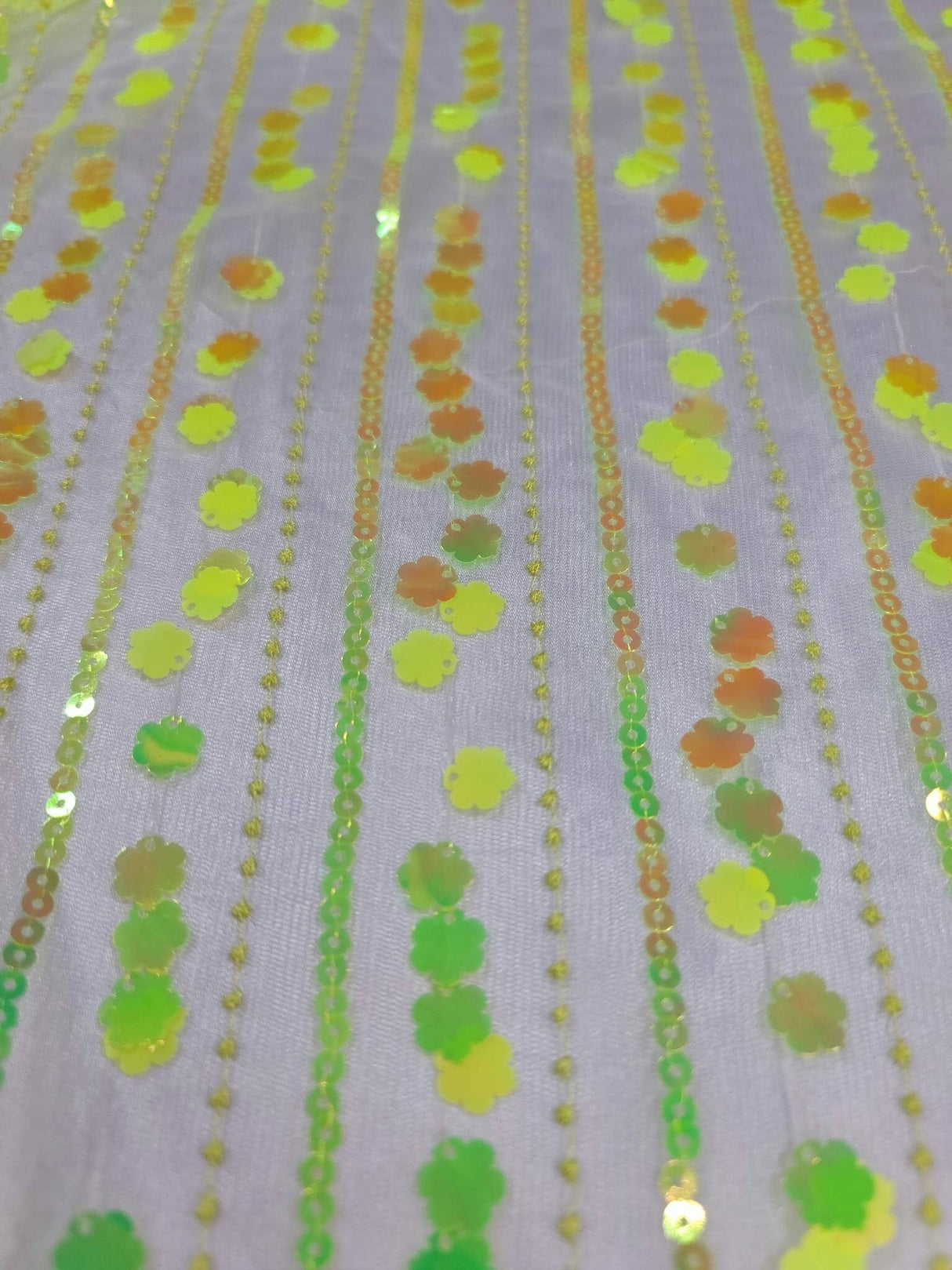 3D Sequin Iridescent Floral Mesh Fabric Neon Green