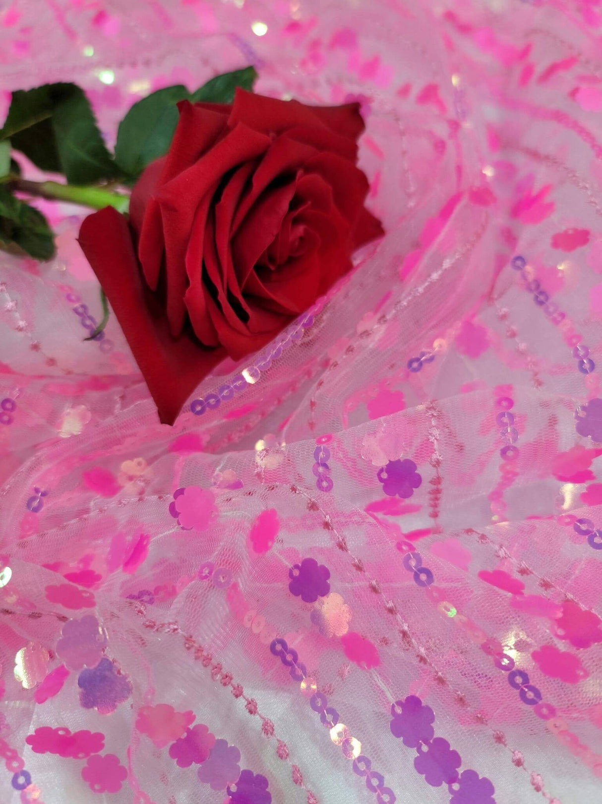 3D Sequin Lace Neon Pink Floral