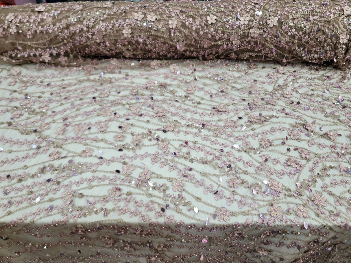 Beaded Lace 3D Embroidery Mauve Taupe Mesh