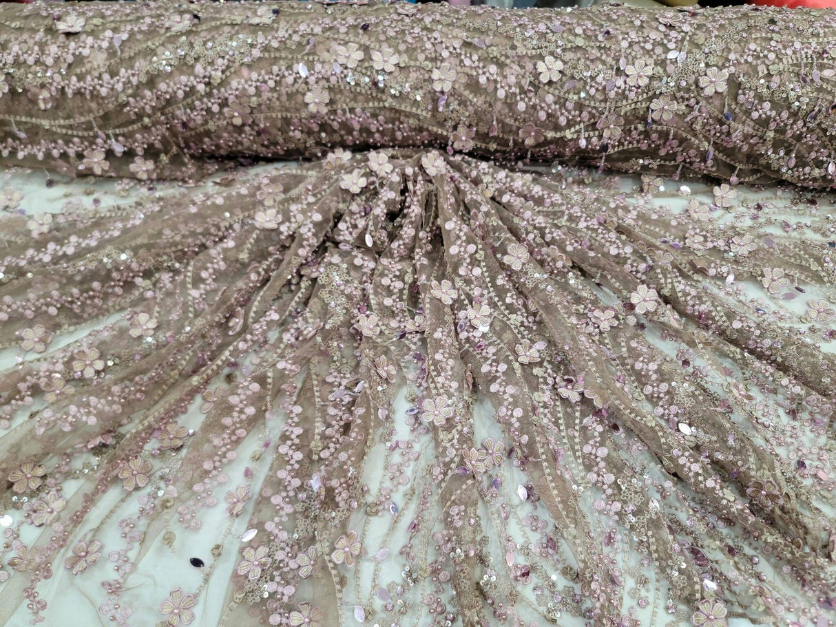 Beaded Lace 3D Embroidery Mauve Taupe Mesh