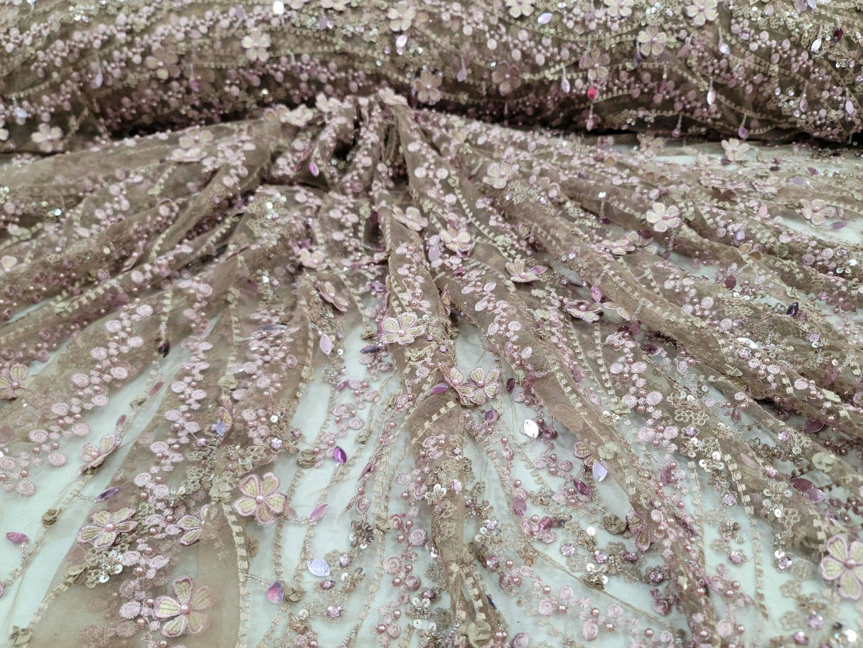 Beaded Lace 3D Embroidery Mauve Taupe Mesh