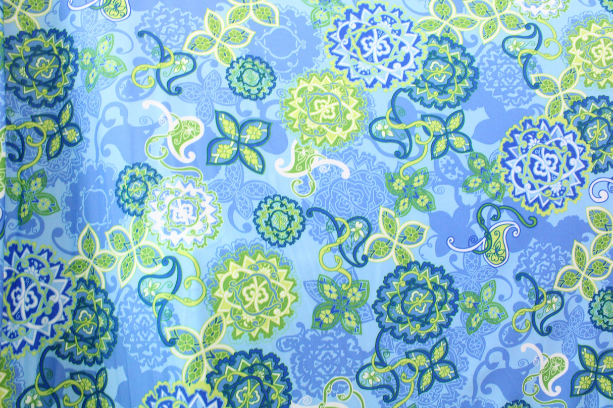Boho Paisley Polyester Spandex Fabric - Pink Blue Paisley Print, 58"/60" Width (1 Yard)