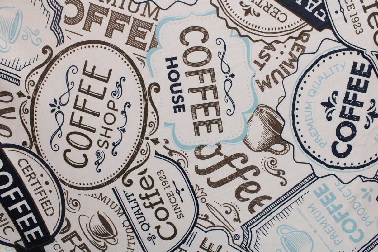 Coffee House Spandex Fabric - Coffee Print, 58/60" Width (1 Yard)