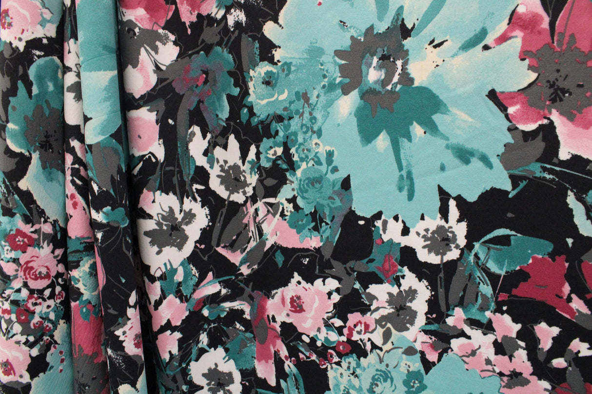 Teal And Pink Floral Spandex Fabric - Teal And Pink Floral, 58"/60" Width (1 Yard)