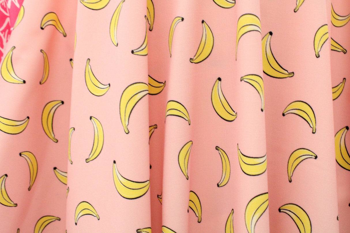 Tropical Fruits Polyester Spandex Fabric - Pineapples, Bananas, 58"/60" Width (1 Yard)