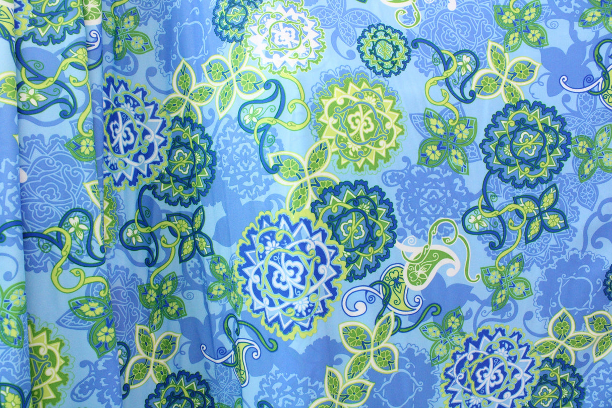 Boho Paisley Polyester Spandex Fabric - Pink Blue Paisley Print, 58"/60" Width (1 Yard)