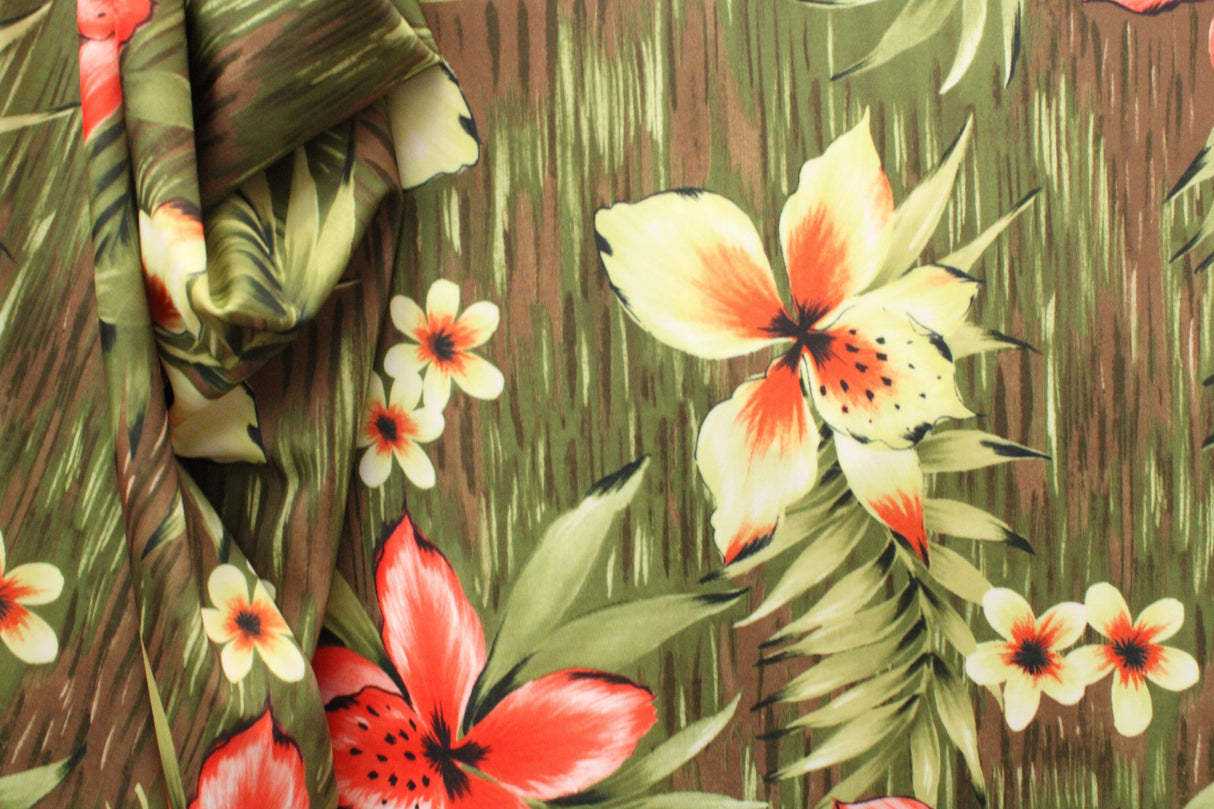 Tiki Floral Polyester Spandex Fabric - Red And Yellow Floral Print, 58/60" Width (1 Yard)
