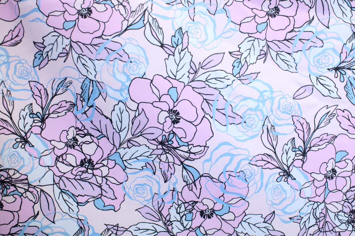 Lilac Floral Print Spandex Fabric - Lilac Floral Print, 58/60" Width (1 Yard)