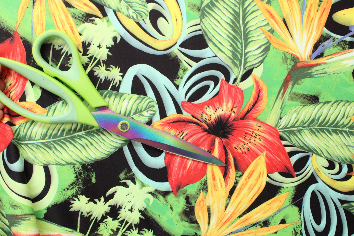 Tropical Swirl Floral Polyester Spandex Fabric - Tropical Swirl Floral Print, 58"/60" Width (1 Yard)
