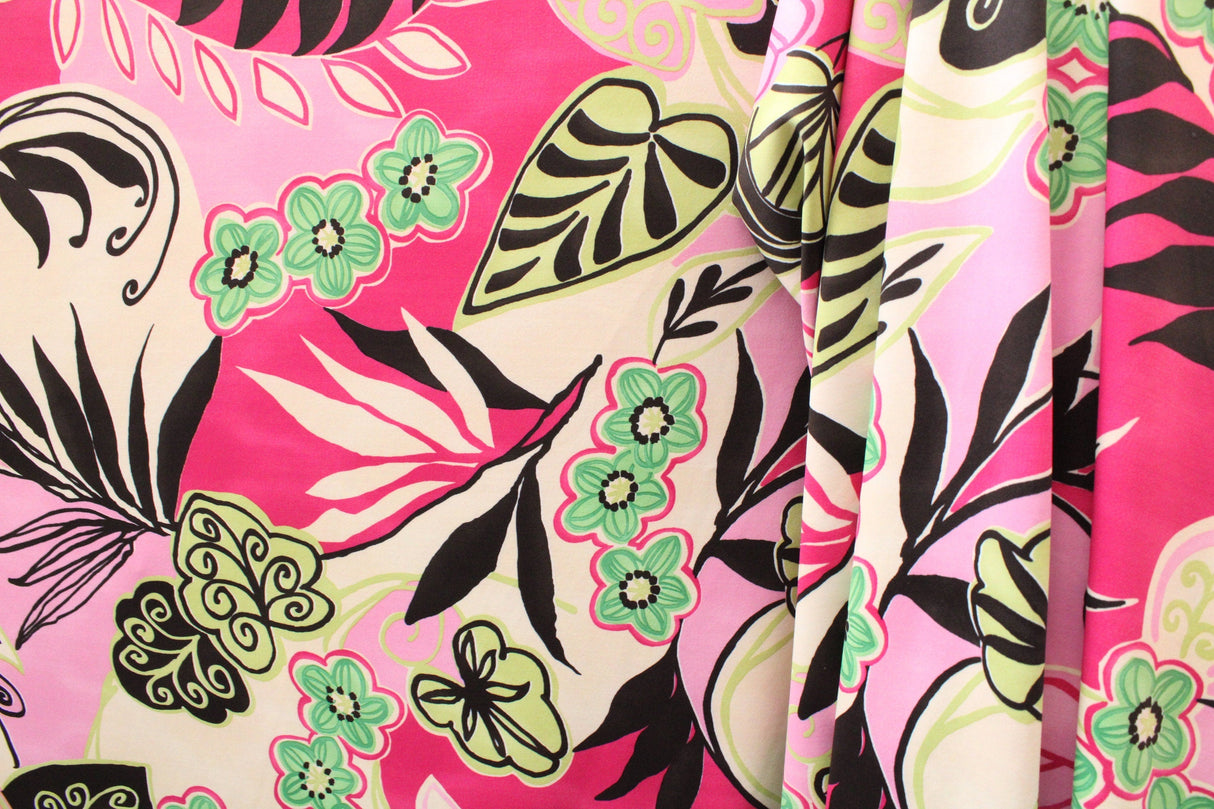 Pink And Green Abstract Floral Spandex Fabric - Pink And Green Abstract Floral, 58"/60" Width (Yard (36" X 60"))