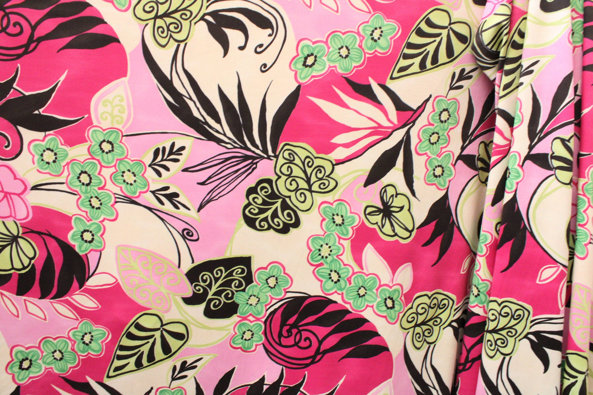 Pink And Green Abstract Floral Spandex Fabric - Pink And Green Abstract Floral, 58"/60" Width (Yard (36" X 60"))