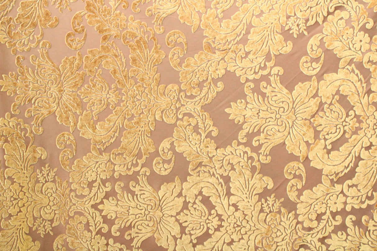 Damask Royal Floral Burnout Velvet Fabric - Black, Gold Damask Floral, 36" X 60" (1 Yard)