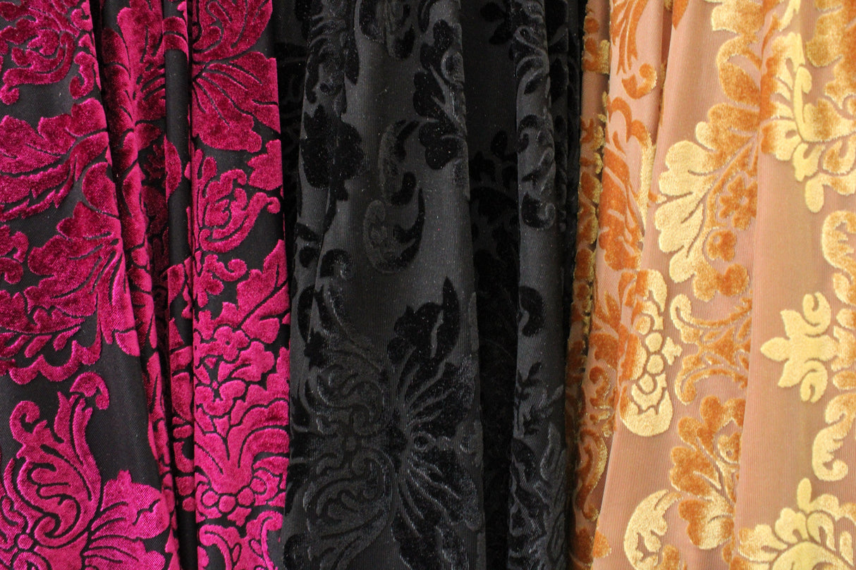 Damask Royal Floral Burnout Velvet Fabric - Black, Gold Damask Floral, 36" X 60" (1 Yard)