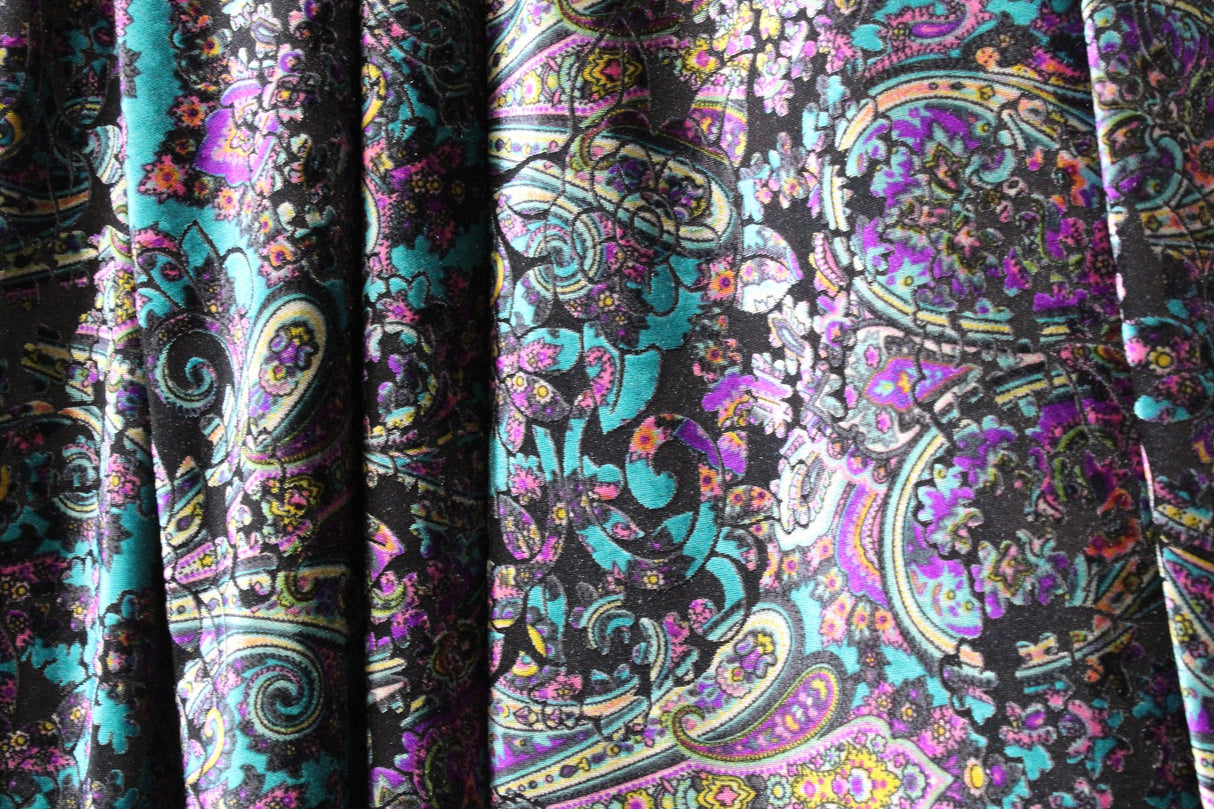 Teal And Purple Paisley Burnout Velvet Fabric - Teal And Purple Paisley, 4-Way Stretch (1 Yard)