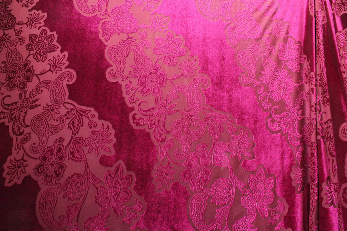 Large Fuchsia Paisley Burnout Velvet Fabric - Fuchsia Paisley, 4-Way Stretch (1 Yard)